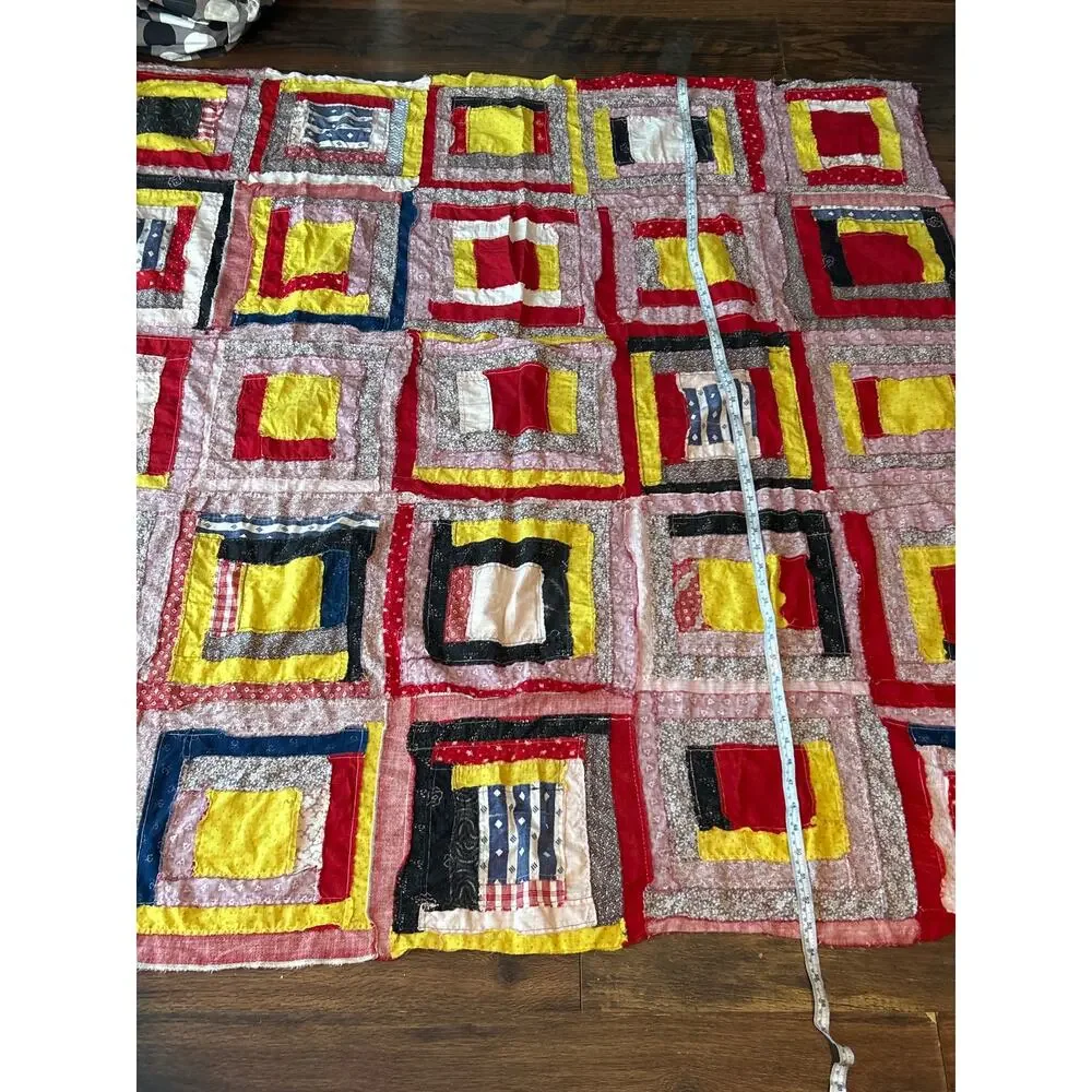 Log Cabin Quilt Topper Burgundy Navy Blue Yellow Country Cottage 53